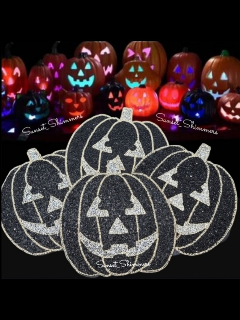 (4) Nicole Miller Black Gold Pumpkin Beaded Placemat Chargers Halloween 15” New